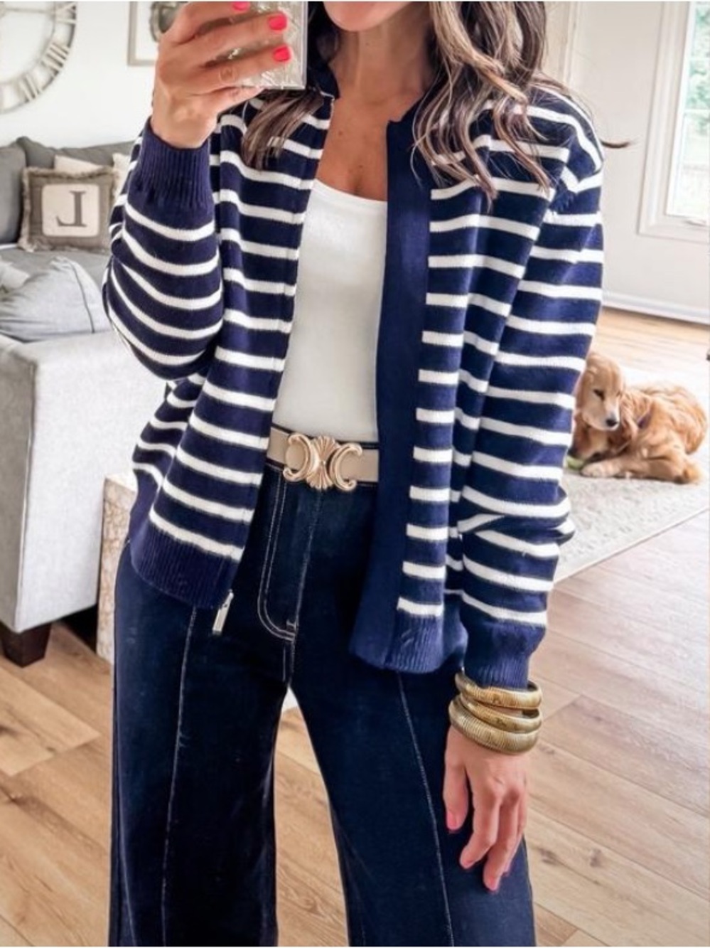 Striped Navy & White Zip-Front Women's Sweater🚌